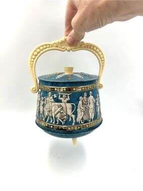 Vintage Footed Biscuit Tin Trinket Box Handle Lid Embossed Blue Gold Greek Roman